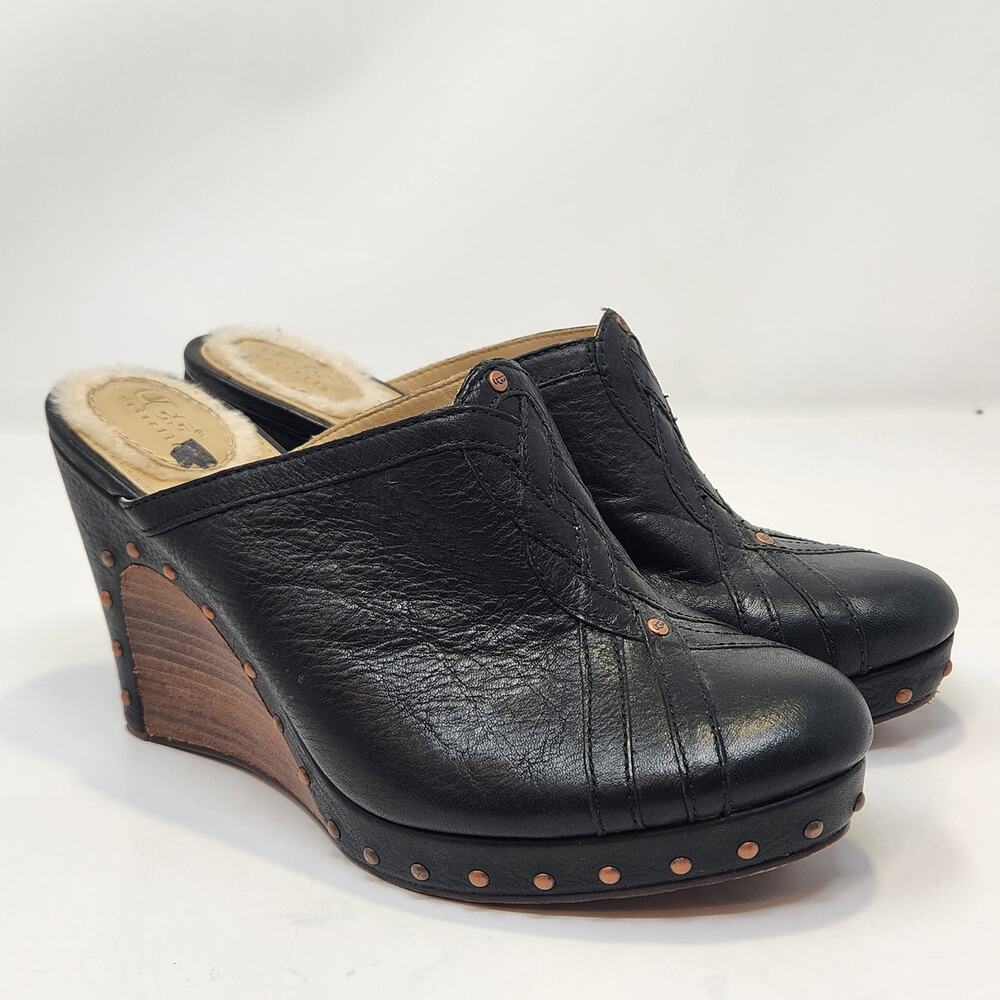 Ugg Australia Abigail Black Leather Wedge Mule Clogs Women Size 8 Studded Boho